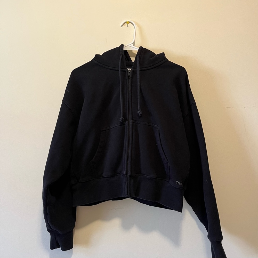 Aritzia Cozy Fleece Boyfriend Black Zip Up Boxy Fit Sweatshirt Hoodie